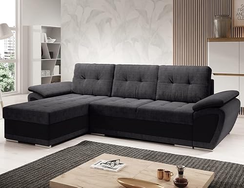 Easy4You ENZO Grau/Schwarz Ecksofa L-Form Links 268 x 97 x 157 cm mit Schlaffunktion und Stauraum - Schlafsofa mit Bettkasten - Moderne Wohnzimmermöbel – Stoff: SORO 97 + Soft 11 von Easy4You