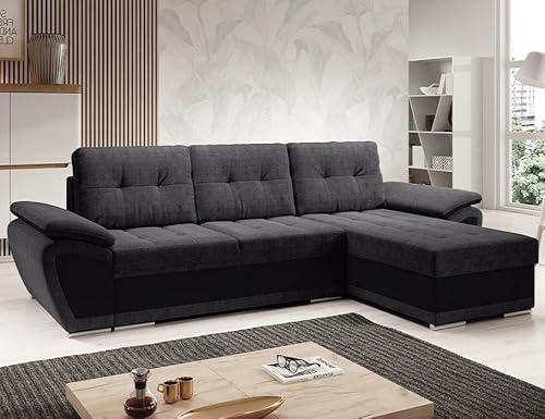 Easy4You ENZO Grau/Schwarz Ecksofa L-Form Rechts 268 x 97 x 157 cm mit Schlaffunktion und Stauraum - Schlafsofa mit Bettkasten - Moderne Wohnzimmermöbel – Stoff: SORO 97 + Soft 11 von Easy4You