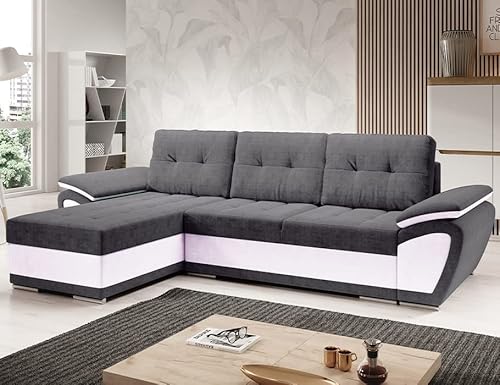 Easy4You ENZO Grau/Weiß Ecksofa L-Form Links 268 x 97 x 157 cm mit Schlaffunktion und Stauraum - Schlafsofa mit Bettkasten - Moderne Wohnzimmermöbel – Stoff: SORO 93 + Soft 17 von Easy4You