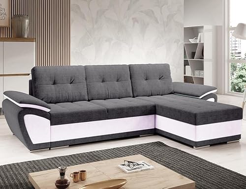 Easy4You ENZO Grau/Weiß Ecksofa L-Form Rechts 268 x 97 x 157 cm mit Schlaffunktion und Stauraum - Schlafsofa mit Bettkasten - Moderne Wohnzimmermöbel – Stoff: SORO 93 + Soft 17 von Easy4You