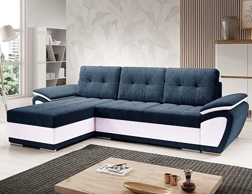Easy4You ENZO Marineblau/Weiß Ecksofa L-Form Links 268 x 97 x 157 cm mit Schlaffunktion und Stauraum - Schlafsofa mit Bettkasten - Moderne Wohnzimmermöbel – Stoff: SORO 76 + Soft 17 von Easy4You