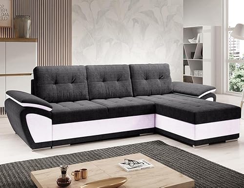 Easy4You ENZO Schwarz/Weiß Ecksofa L-Form Rechts 268 x 97 x 157 cm mit Schlaffunktion und Stauraum - Schlafsofa mit Bettkasten - Moderne Wohnzimmermöbel – Stoff: SORO 100 + Soft 17 von Easy4You