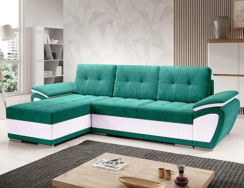 Easy4You ENZO Türkis/Weiß Ecksofa L-Form Links 268 x 97 x 157 cm mit Schlaffunktion und Stauraum - Schlafsofa mit Bettkasten - Moderne Wohnzimmermöbel – Stoff: SORO 86 + Soft 17 von Easy4You