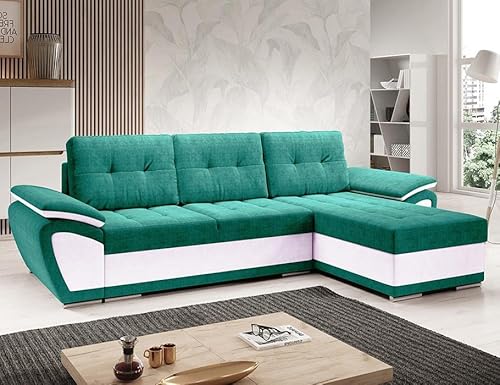 Easy4You ENZO Türkis/Weiß Ecksofa L-Form Rechts 268 x 97 x 157 cm mit Schlaffunktion und Stauraum - Schlafsofa mit Bettkasten - Moderne Wohnzimmermöbel – Stoff: SORO 86 + Soft 17 von Easy4You