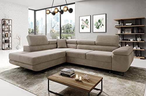 Easy4You Ecksofa Beige Avatar Kord L-Form – 277x73x203 cm - Schlafsofa mit Bettkasten und Schlaffunktion - Eckcouch mit Stauraum – Links – Stoff Kord POSO 02 von Easy4You