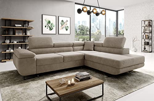 Easy4You Ecksofa Beige Avatar Kord L-Form – 277x73x203 cm - Schlafsofa mit Bettkasten und Schlaffunktion - Eckcouch mit Stauraum – Rechts – Stoff Kord POSO 02 von Easy4You