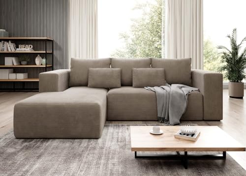 Easy4You Ecksofa Beige Stripes L-Form in Kord – 255 cm - Schlafsofa mit Bettzeugbehälter und Schlaffunktion - Eckcouch mit Stauraum - Links – Stoff Kord POSO 02 von Easy4You