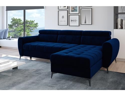 Easy4You Ecksofa Bjorn Velvet L-Form Marineblau – 252x101x175 cm - Schlafsofa mit Bettkasten und Schlaffunktion - Eckcouch mit Stauraum - Verstellbare Kopfstützen – Stoff Monolith 77 von Easy4You