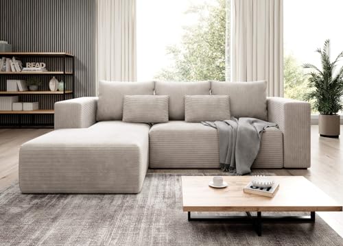 Easy4You Ecksofa Creme Stripes L-Form in Kord – 255 cm - Schlafsofa mit Bettzeugbehälter und Schlaffunktion - Eckcouch mit Stauraum - Links – Stoff Kord POSO 100 von Easy4You