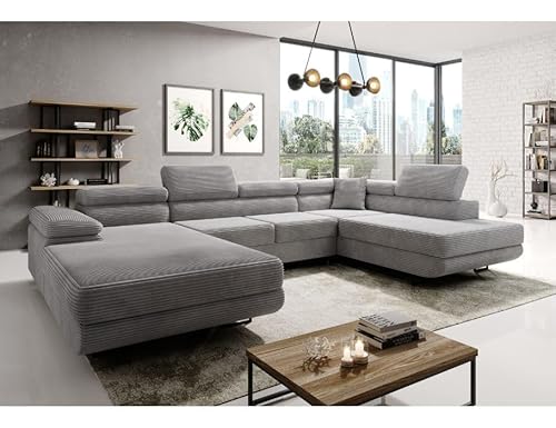 Easy4You Ecksofa Grau Astorp Kord U-Form – 345 cm - Schlafsofa mit Bettkasten und Schlaffunktion - Eckcouch mit Stauraum und Metallfüße – Rechts – Stoff Kord Poso 55 von Easy4You