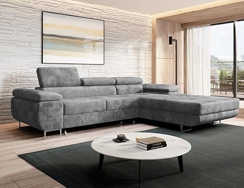 Easy4You Ecksofa NORBERG Velvet L-Form Grau – 279x72x205 cm - Schlafsofa mit Bettkasten und Schlaffunktion - Eckcouch mit Stauraum – Rechts – Stoff Monolith 85 von Easy4You