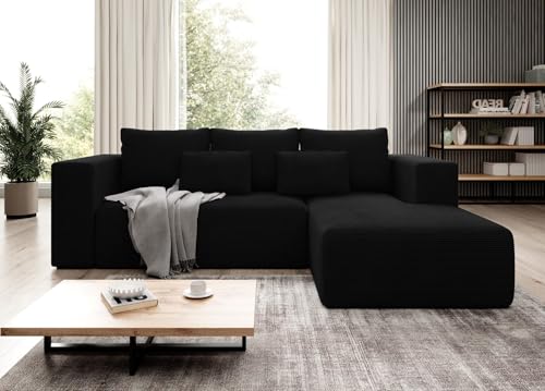 Easy4You Ecksofa Schwarz Stripes L-Form in Kord – 255 cm - Schlafsofa mit Bettzeugbehälter und Schlaffunktion - Eckcouch mit Stauraum - Rechts – Stoff Kord POSO 135 von Easy4You