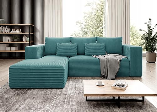 Easy4You Ecksofa Türkis Stripes L Kord L-Form – 255x73x161 cm - Schlafsofa mit Bettkasten und Schlaffunktion - Eckcouch mit Stauraum – Stoff Kord POSO 26 von Easy4You