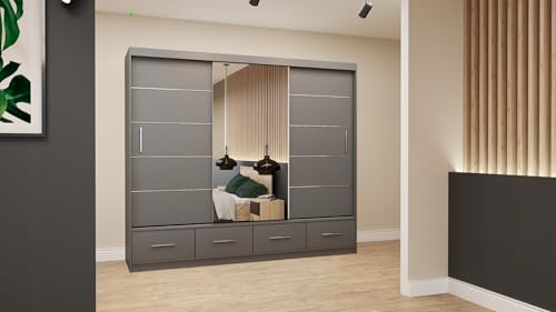 Easy4You Florence Grau Schiebetürenschrank Kleiderschrank 250x218x61 cm mit Spiegel - Schlafzimmermöbel, Aufbewahrung – Mehrzweckschrank mit 4 Schubladen und 4 Kleiderstangen von Easy4You