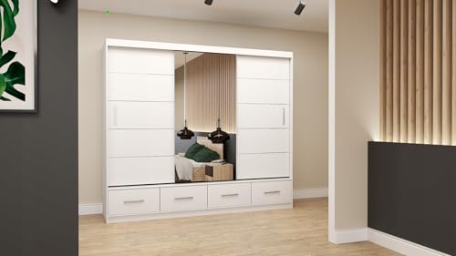 Easy4You Florence Weiß Schiebetürenschrank Kleiderschrank 250x218x61 cm mit Spiegel - Schlafzimmermöbel, Aufbewahrung – Mehrzweckschrank mit 4 Schubladen und 4 Kleiderstangen von Easy4You