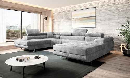 Easy4You Hellgrau Ecksofa Varberg Velours in U-Form 345 x 72 x 205 cm mit Schlaffunktion und Bettzeugbehälter - Schlafsofa mit Bettkasten - Eckcouch mit Stauraum - Stoff: Monolith 84 von Easy4You