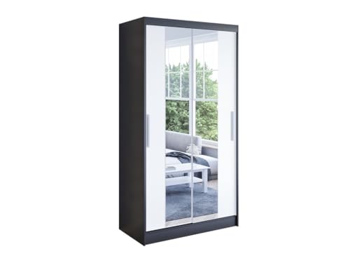 Easy4You K2 100 cm Schwarz/Weiß Schiebetüren Kleiderschrank 100x200x58 cm mit Spiegel - Schlafzimmermöbel, Aufbewahrung - Mehrzweckschrank von Easy4You