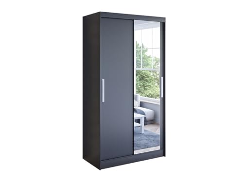 Easy4You K6 100 cm Schwarz Schiebetüren Kleiderschrank 100x200x58 cm mit Spiegel - Schlafzimmermöbel, Aufbewahrung - Mehrzweckschrank von Easy4You