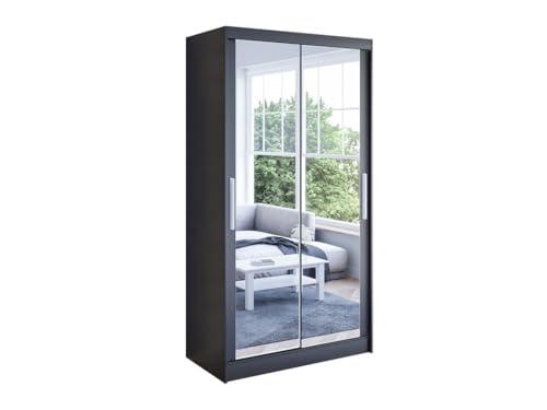 Easy4You K7 100 cm Schwarz Schiebetüren Kleiderschrank 100x200x58 cm mit Spiegel - Schlafzimmermöbel, Aufbewahrung - Mehrzweckschrank von Easy4You