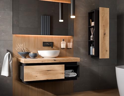 Easy4You Kaya Unterschrank 100 cm Matt Schwarz/Eiche mit Schublade und Ablage + Hängeschrank 30x100 cm Badezimmer Schrank von Easy4You