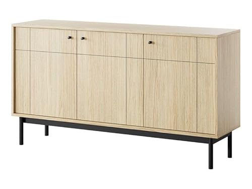 Easy4You Kommode J1 Eiche Linea 154x83x39 cm (B x H x T) mit 3 Türen Sideboard Ideal für Wohnzimmer, Schlafzimmer Moderne Elegante Kommode mit Schwarzer Metallfuß von Easy4You