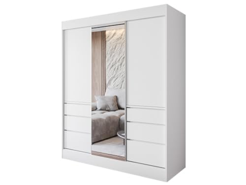 Easy4You L1 180 cm Weiß Schiebetüren Kleiderschrank 180x216x65 cm mit Spiegel - Schlafzimmermöbel, Aufbewahrung - Mehrzweckschrank von Easy4You