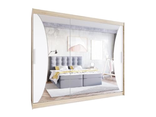 Easy4You LIV 250 cm Sonoma/Weiß Schiebetüren Kleiderschrank 250x215x58 cm mit Spiegel - Schlafzimmermöbel, Aufbewahrung - Mehrzweckschrank von Easy4You