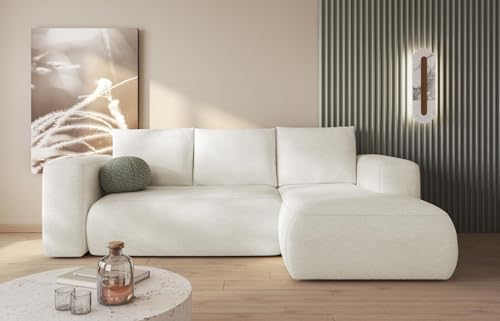 Easy4You Lami Creme Ecksofa L-Form Rechts 266 x 89 x 164 cm mit Schlaffunktion und Stauraum - Schlafsofa mit Bettkasten - Moderne Wohnzimmermöbel – Stoff: Boucle 01 von Easy4You