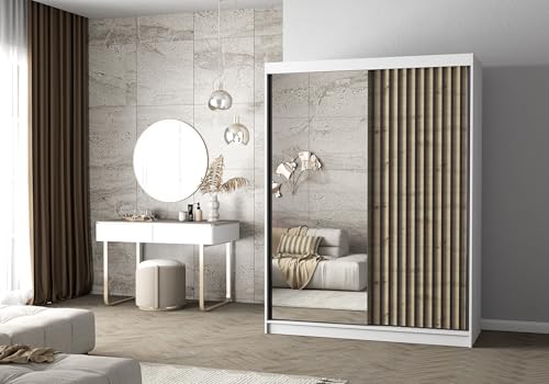 Easy4You Lami I Weiss/Artisan Schiebetürenschrank Kleiderschrank 150x200x61 cm mit Spiegel - Schlafzimmermöbel, Aufbewahrung – Mehrzweckschrank mit Kleiderstange und Lamellen von Easy4You
