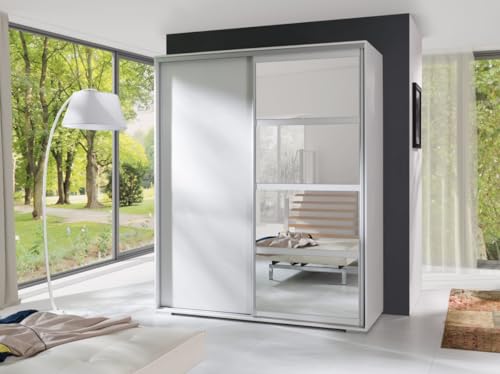 Easy4You Leo Weiß Schiebetürenschrank Kleiderschrank 180x217x66 cm mit Spiegel - Schlafzimmermöbel, Aufbewahrung – Mehrzweckschrank mit Kleiderstange und 3 Schubladen von Easy4You