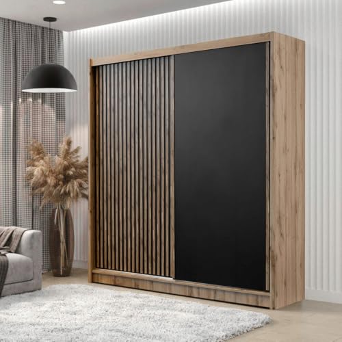Easy4You London Eiche Wotan/Schwarz Kleiderschrank Schiebetüren 203x215x60 cm ohne Spiegel - Schlafzimmermöbel, Aufbewahrung – Mehrzweckschrank Geriffelte Fronten von Easy4You