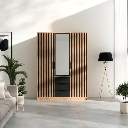 Easy4You Lux D3 Eiche Wotan/Schwarz Kleiderschrank 149x200x57,5 cm mit Spiegel - Schlafzimmermöbel, Aufbewahrung – Mehrzweckschrank Geriffelte Fronten und 3 Schubladen von Easy4You