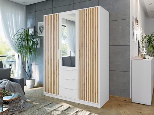 Easy4You Lux D3 Weiß/Eiche Wotan Kleiderschrank 149x200x57,5 cm mit Spiegel - Schlafzimmermöbel, Aufbewahrung – Mehrzweckschrank Geriffelte Fronten und 3 Schubladen von Easy4You