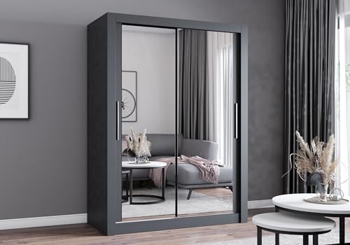 Easy4You MN Grau Schiebetürenschrank Kleiderschrank 180x215x64 cm mit Spiegel - Schlafzimmermöbel, Aufbewahrung – Mehrzweckschrank mit 2 Kleiderstangen von Easy4You