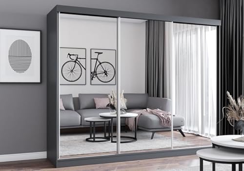 Easy4You MN Grau Schiebetürenschrank Kleiderschrank 250x215x62 cm mit Spiegel - Schlafzimmermöbel, Aufbewahrung – Mehrzweckschrank mit 3 Kleiderstangen und 3 Schubladen von Easy4You