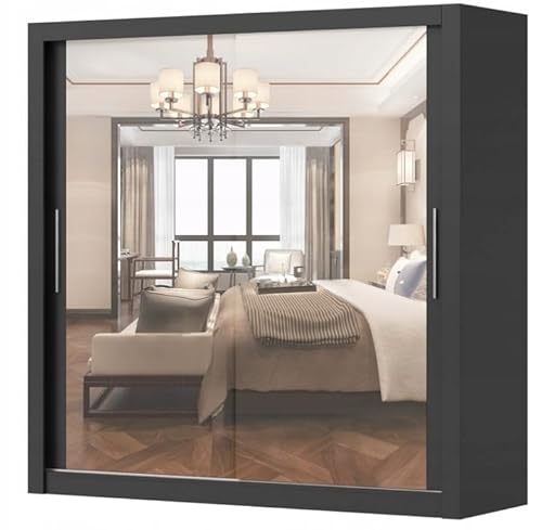 Easy4You MN Schwarz Schiebetürenschrank Kleiderschrank 203x215x64 cm mit Spiegel - Schlafzimmermöbel, Aufbewahrung – Mehrzweckschrank mit 4 Kleiderstangen von Easy4You