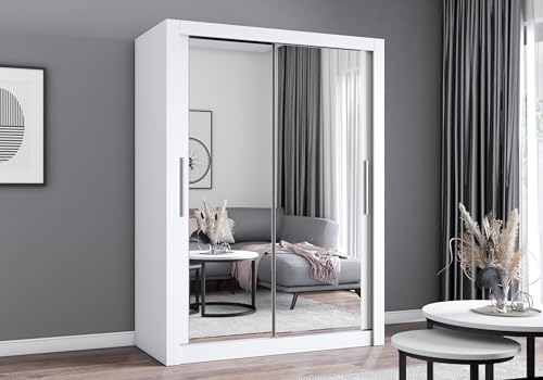 Easy4You MN Weiß Schiebetürenschrank Kleiderschrank 150x215x64 cm mit Spiegel - Schlafzimmermöbel, Aufbewahrung – Mehrzweckschrank mit 2 Kleiderstangen von Easy4You