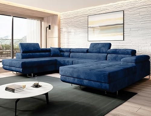 Easy4You Marineblau Ecksofa Varberg Velours in U-Form 345 x 72 x 205 cm mit Schlaffunktion und Bettzeugbehälter - Schlafsofa mit Bettkasten - Eckcouch mit Stauraum - Stoff: Monolith 77 von Easy4You