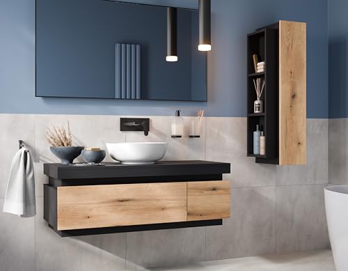 Easy4You Matt Schwarz/Eiche Set Badezimmermöbel Unterschrank SEYA 110 cm mit 2 Schubladen + Seitenschrank 30x100 cm Badschrank Badezimmerschrank von Easy4You