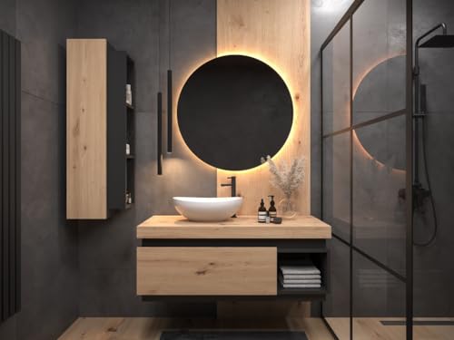Easy4You Matt Schwarz/Eiche Unterschrank Kaya 100 cm mit Schublade und Ablage + Hängeschrank 30x100 cm Badschrank Badezimmerschrank Seitenschrank von Easy4You