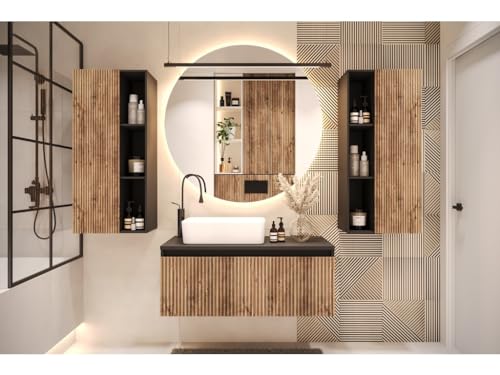 Easy4You Matt Schwarz/Eiche Unterschrank WOTA 100 cm mit Schublade + 2X Hängeschrank 45x100 cm Badschrank Badezimmerschrank von Easy4You