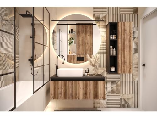 Easy4You Matt Schwarz/Eiche Unterschrank WOTA 100 cm mit Schublade + Hängeschrank 45x100 cm Badschrank Badezimmerschrank von Easy4You