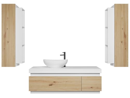 Easy4You Matt Weiß/Eiche Unterschrank Seya 110 cm mit 2 Schubladen + 2 x Hängeschranke 30x100 cm Badschrank Badezimmerschrank Seitenschrank von Easy4You