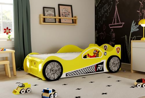 Easy4You Monza Auto Gelb Kinder Babybett mit Matratze 115x62x205 cm Kleinkinderbett mit Matratze inklusive von Easy4You