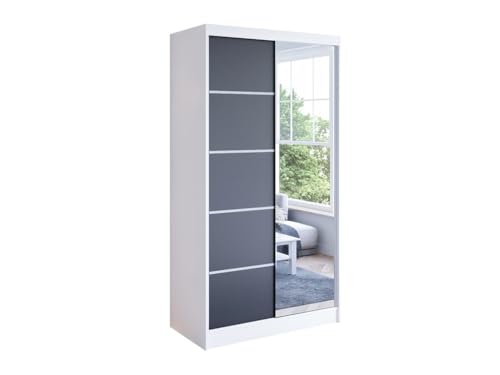 Easy4You N3 100 cm Weiß/Schwarz Schiebetüren Kleiderschrank 100x200x58 cm mit Spiegel - Schlafzimmermöbel, Aufbewahrung - Mehrzweckschrank von Easy4You