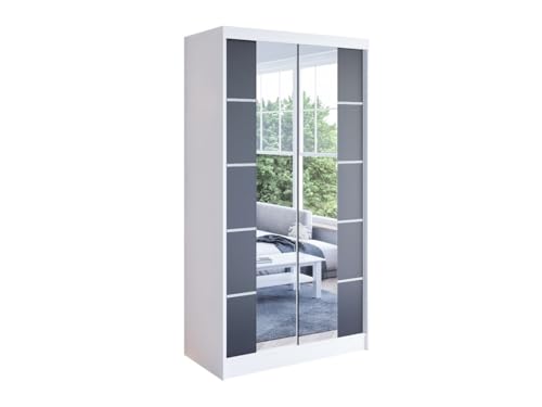 Easy4You N5 100 cm Weiß/Schwarz Schiebetüren Kleiderschrank 100x200x58 cm mit Spiegel - Schlafzimmermöbel, Aufbewahrung - Mehrzweckschrank von Easy4You