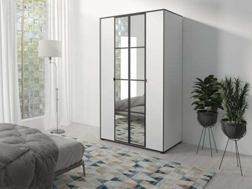Easy4You Oslo I Weiß Schiebetürenschrank Kleiderschrank 120x206x65 cm mit Spiegel - Schlafzimmermöbel, Aufbewahrung – Mehrzweckschrank mit Kleiderstange von Easy4You