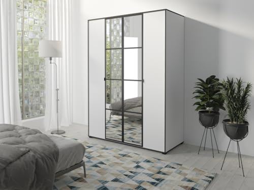 Easy4You Oslo I Weiß Schiebetürenschrank Kleiderschrank 150x206x65 cm mit Spiegel - Schlafzimmermöbel, Aufbewahrung – Mehrzweckschrank mit Kleiderstange von Easy4You