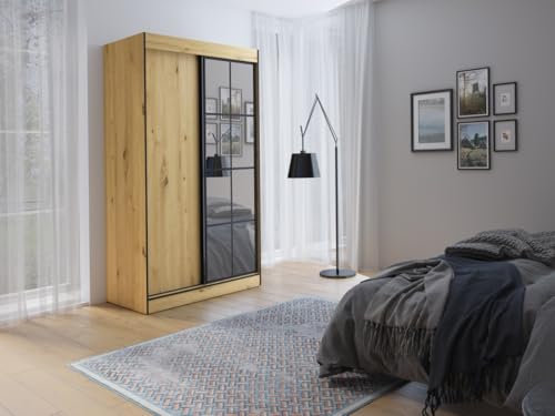 Easy4You Oslo II Artisan Schiebetürenschrank Kleiderschrank 120x216x65 cm mit Spiegel - Schlafzimmermöbel, Aufbewahrung – Mehrzweckschrank mit Kleiderstange von Easy4You