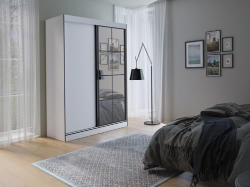 Easy4You Oslo II Weiß Schiebetürenschrank Kleiderschrank 150x216x65 cm mit Spiegel - Schlafzimmermöbel, Aufbewahrung – Mehrzweckschrank mit Kleiderstange von Easy4You
